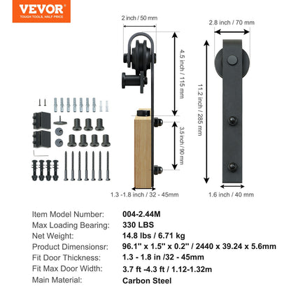 8FT Sliding Barn Door Hardware Kit, 149.7 kg Loading Heavy Duty Barn Door Track Kit for Single Door, Fit 112.8-131.1 cm Wide and 3.3-4.6 cm Thick Door Panel, with Smooth & Silent Pulley (J Shape)
