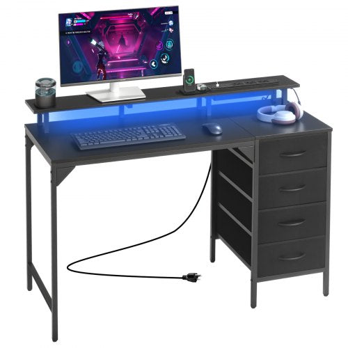 120 cm datorbord med smarta LED-lampor och eluttag, spelskrivbord med 4 stora lådor, skärmstativ, studiematerial för hemmakontor, små utrymmen, enkel förvaring, svart