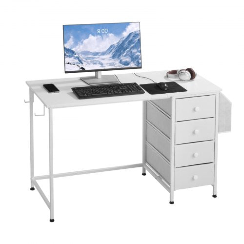 Datorskrivbord med tyglådor, 120 cm vändbart arbetsbord för modernt hemmakontor, enkelt modernt och sött PC-bord med metallram, kontorsmöbler, vit
