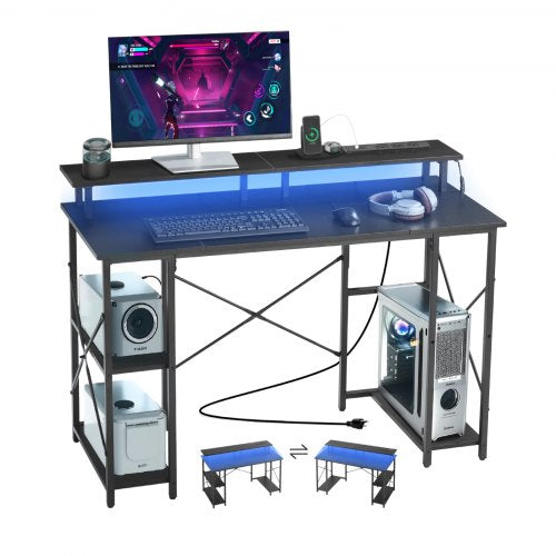 120 cm datorbord med smarta LED-lampor och eluttag, vändbart spelskrivbord med skärmstativ och förvaringshyllor i två nivåer, studiematerial för hemmakontor, svart