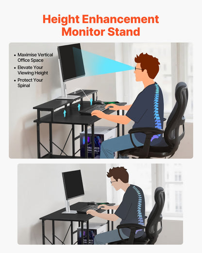 120 cm datorbord med smarta LED-lampor och eluttag, vändbart spelskrivbord med skärmstativ och förvaringshyllor i två nivåer, studiematerial för hemmakontor, svart