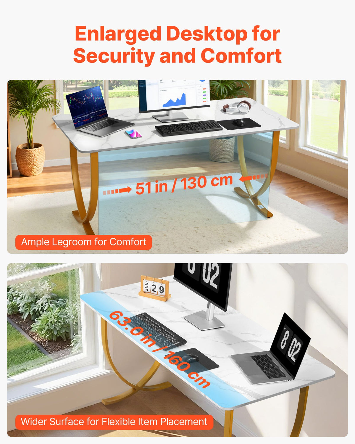 Skrivbord, 160 cm B x 80 cm D Stort kontorsskrivbord, Modernt datorbord Konferensbord Mötesrumsbord, Förstorat skrivbord för hemmakontor, Vitt och guld