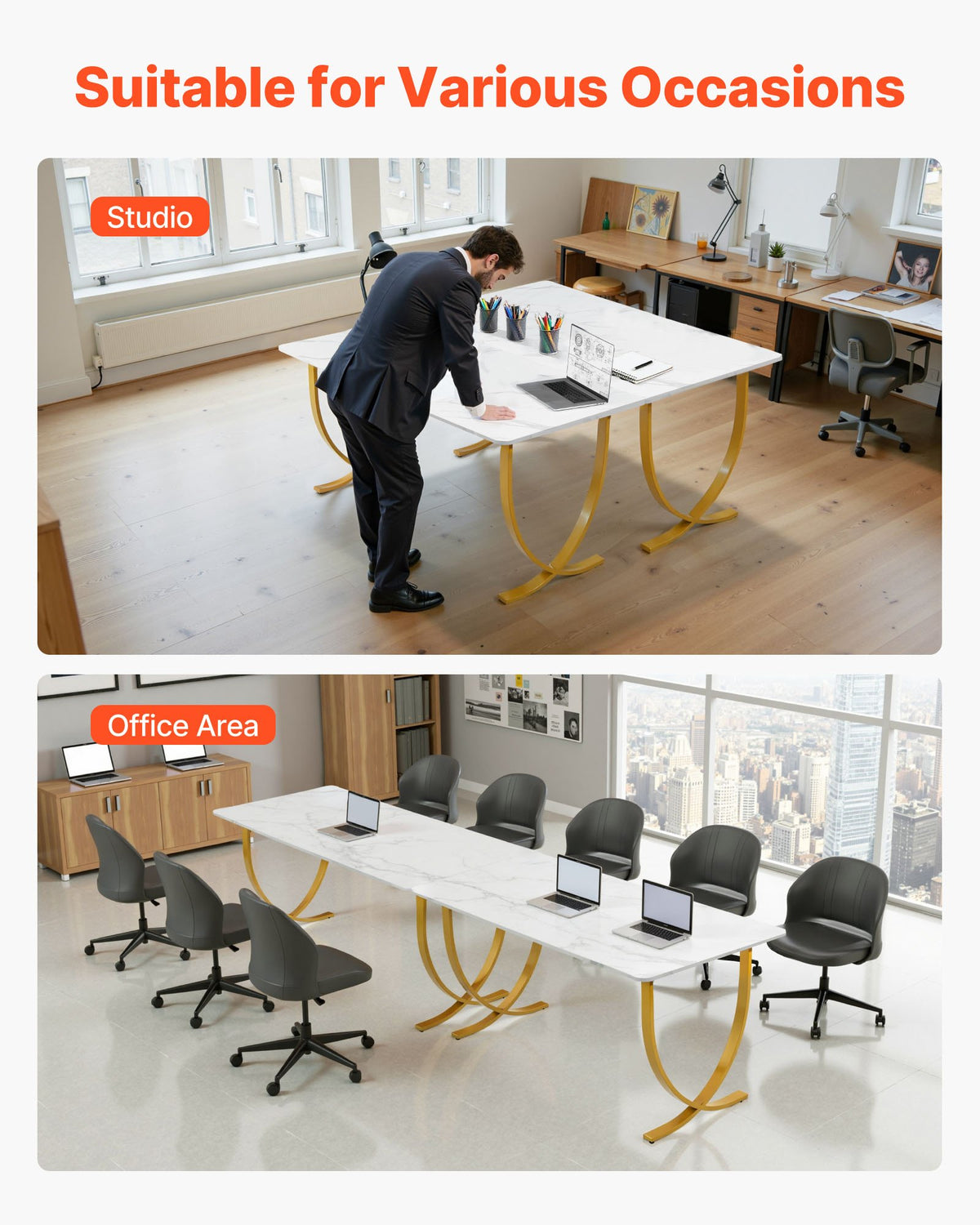 Skrivbord, 160 cm B x 80 cm D Stort kontorsskrivbord, Modernt datorbord Konferensbord Mötesrumsbord, Förstorat skrivbord för hemmakontor, Vitt och guld