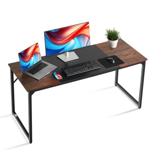 Datorbord, 160 cm spelbord för hemmakontor, skriv- och studiearbete, modernt enkelt bord med metallram för stort benutrymme, rustikt brunt och svart