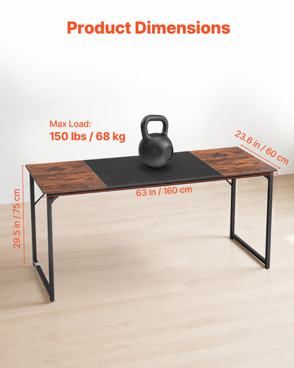 Datorbord, 160 cm spelbord för hemmakontor, skriv- och studiearbete, modernt enkelt bord med metallram för stort benutrymme, rustikt brunt och svart