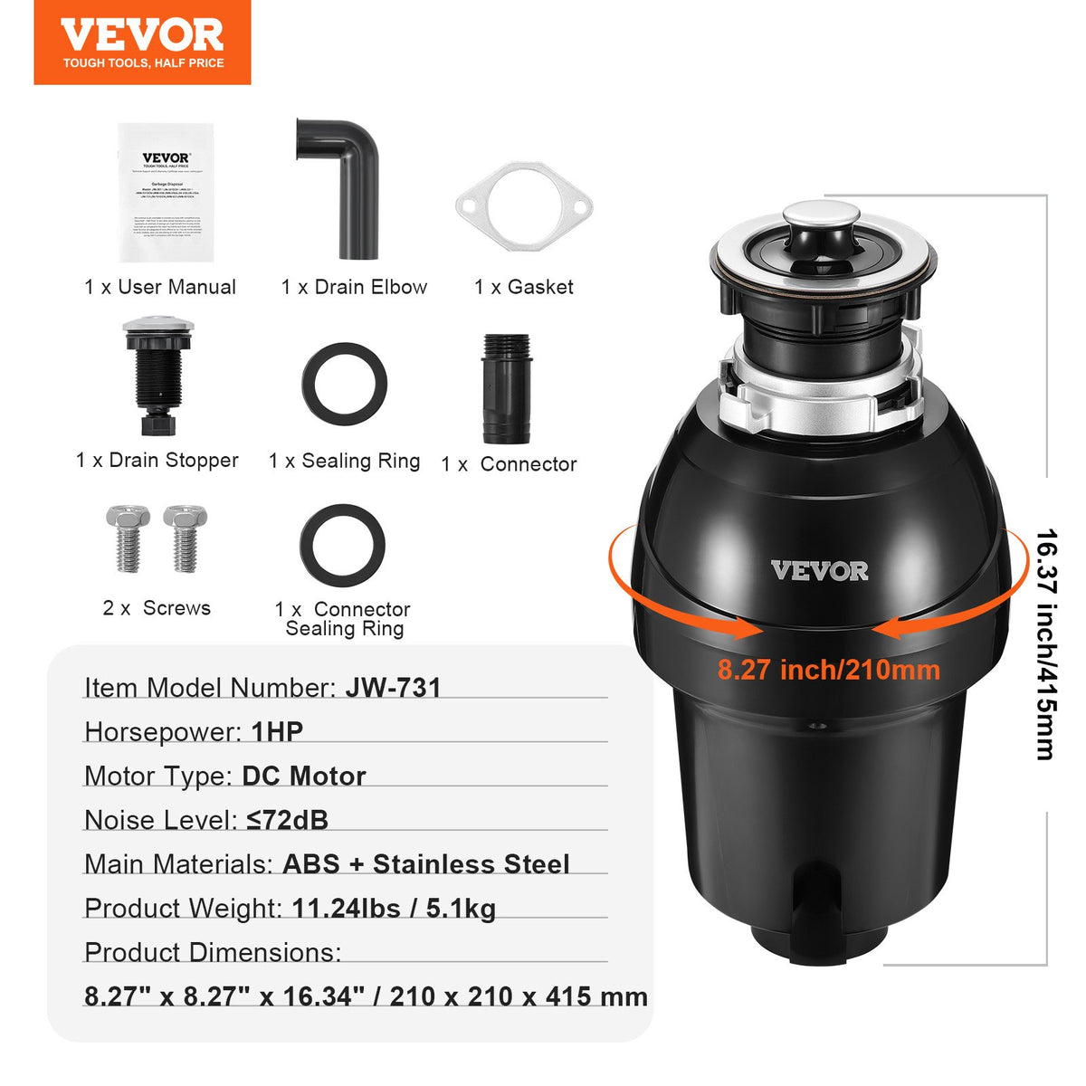 Garbage Disposal 1 HP Continuous Food Waste Disposer 3960 RPM EZ Connect