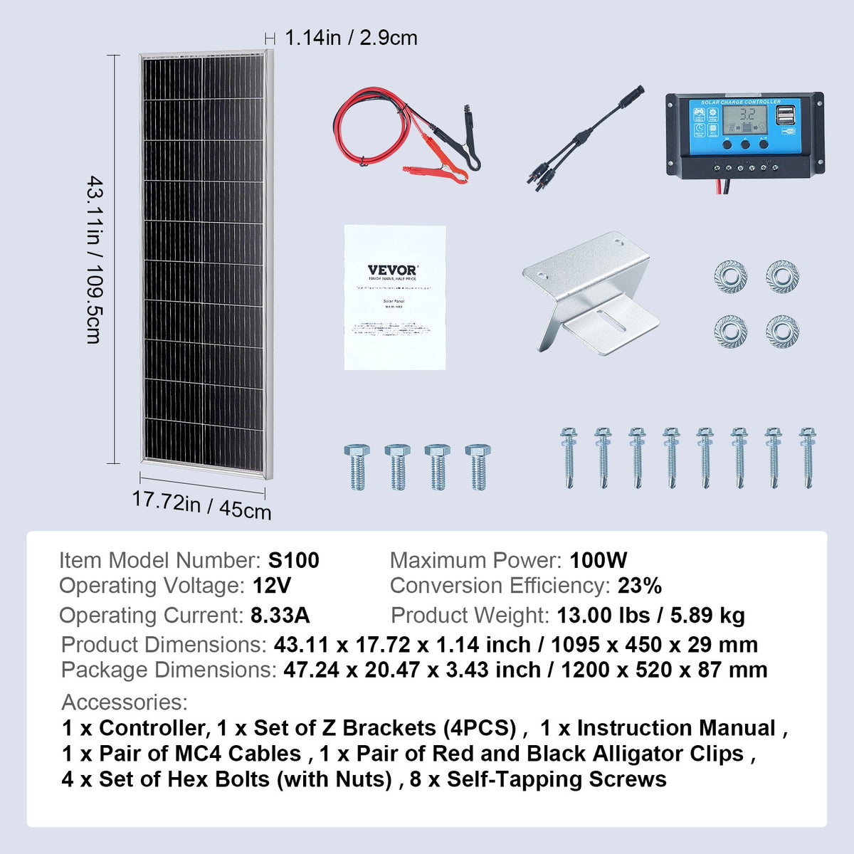 100W monokristallin solpanelssats, 12V monokristallin solpanel + laddningsregulator, 23% högeffektiv monokristallin PV-modul, IP68 vattentät för husbil, båtar, camping, off-grid-system