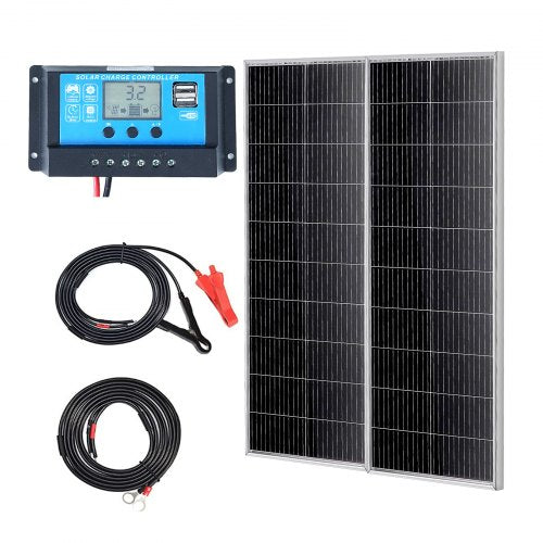 200W monokristallina solpaneler, 2 st monokristallina solpaneler + laddningsregulator, 23 % högeffektiv monokristallin PV-modul, IP68 vattentät för husbil, båt, camping, off-grid-system