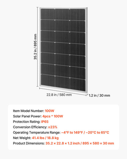 4PCS 100W Monocrystalline Solar Panels, 23% High-Efficiency Mono PV Module with Stable MC4 Output & Aluminum Frame, IP65 Waterproof Solar Panel for Car Boat RV Flat Rooftop Off-Grid Applications