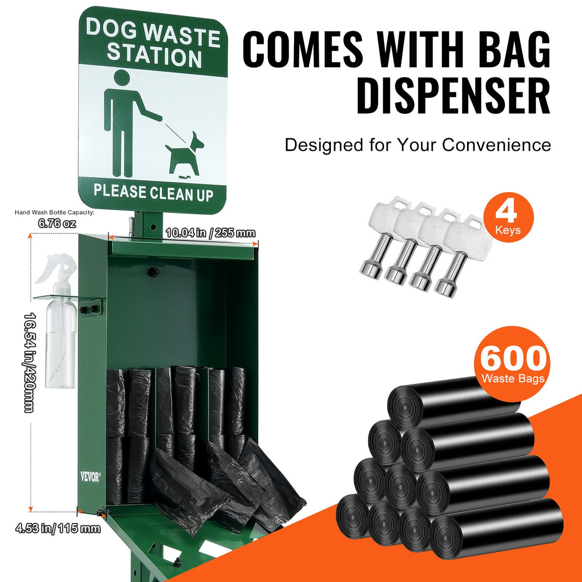 Hundavfallsstation med handtvättflaska, kommersiell hundbajsstation, 11,5 gallons avfallsbehållare för husdjur med 50 burkpåsar, påsdispenser och 600 avfallspåsar, utomhusavfallssystem för hundar för trädgården