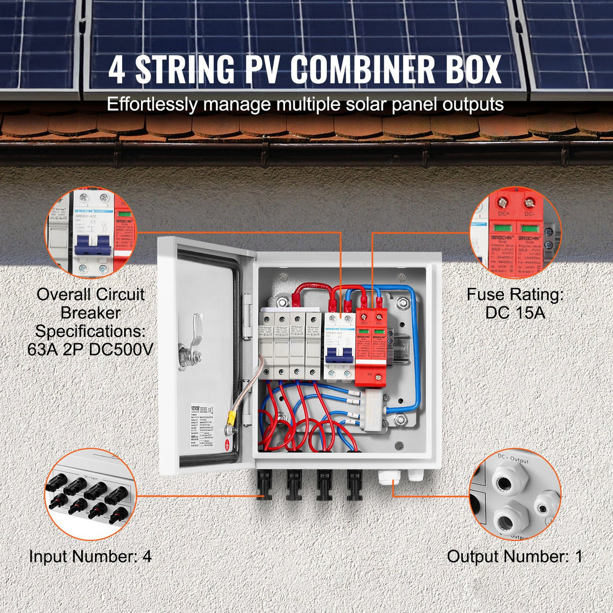 PV-kombinationsbox, 4-strängad, solkombinationsbox med 15A märkströmssäkring, 63A brytare, åskskydd och solkontakt, stålhölje för solpanelsystem på/av elnät, IP65