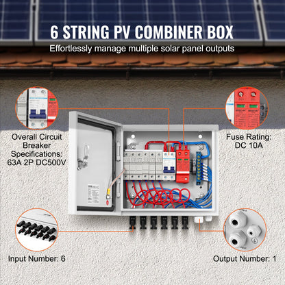 PV-kombinationsbox, 6-strängad, solkombinationsbox med 10A märkströmssäkring, 63A brytare, åskskydd och solkontakt, stålhölje för solpanelsystem på/av elnät, IP65