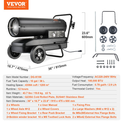 Kerosene/Diesel Forced Air Heater, 100000Btu Torpedo Space Heater, Portable with Thermostat Control,38L Tank Efficient Indoor/Outdoor Kerosene Heater For Home,Jobsite, industrial,Workshops,Black