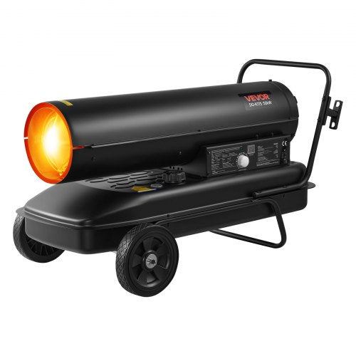 50 kW varmluftsdriven fotogendieselvärmare, bärbar torpedvärmare med hjul och justerbar temperatur, fläkttyp för arbetsplats/garage/lager/verkstad/byggnation/utomhusvärme, svart
