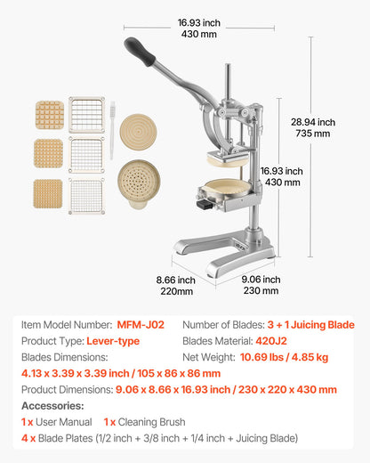 Kommersiell pommes frites-skärare, grönsaks- och frukthackare i rostfritt stål med 3 reservblad 12,7 mm 9,5 mm 6,4 mm och ett juiceblad, manuell potatisskärare för restauranger och hemmakök