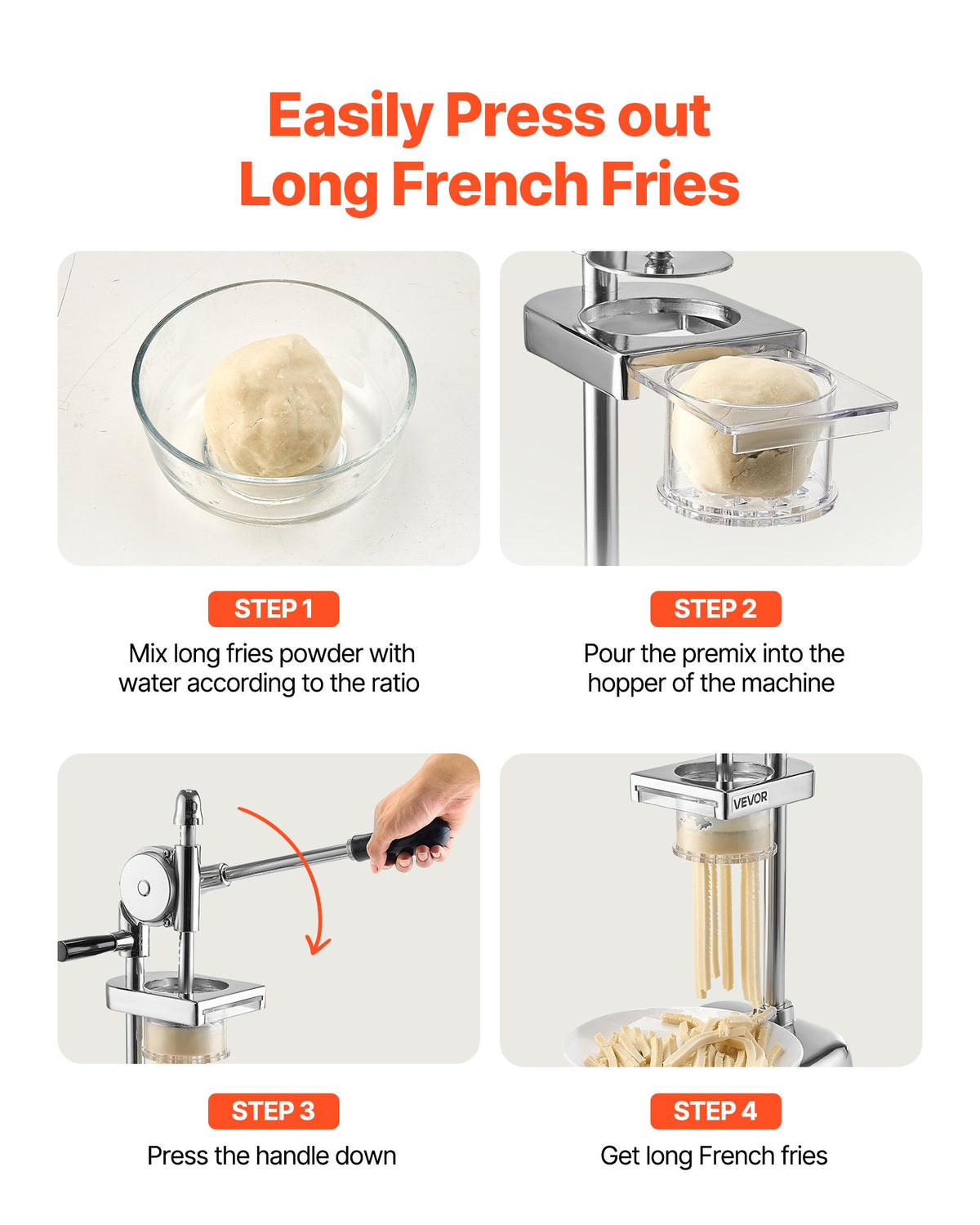 Kommersiell pommes frites-skärare, press för stekta potatisstrimlor i rostfritt stål, långa pommes frites-maskin med utdragbar extruder, manuell potatismospress för restauranger och hemkök