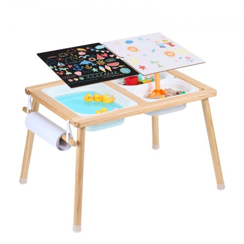 Sensoriskt bord för småbarn, aktivitetsbord för barn med 3 hopfällbara förvaringsfack och pappersrullhållare, sand- och vattenbord för inomhus-/utomhuslek, sensoriskt ritbord i trä för barn, present till pojkar och flickor