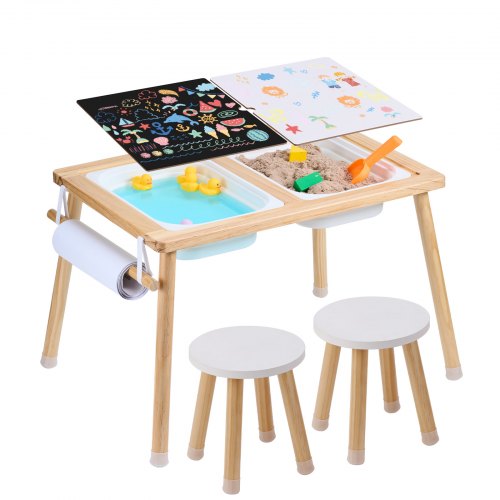 Sensoriskt bord och stolar, aktivitetsbord för småbarn med 2 pallar, 2 förvaringsfack och pappersrullhållare, sand- och vattenbord för inomhus-/utomhuslek, sensoriskt bord i trä för barn - present till pojkar och flickor