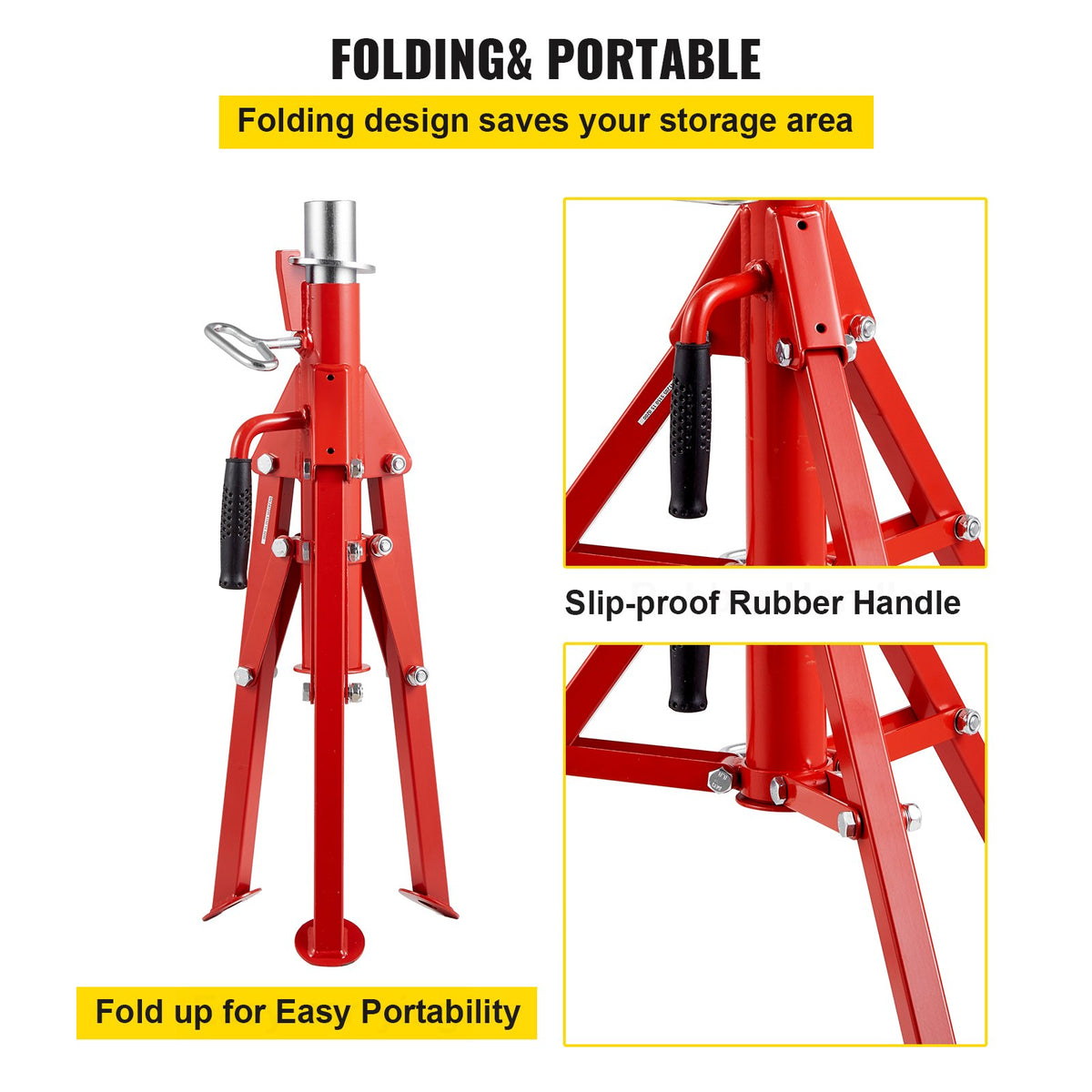 V Head Pipe Stand 1/8"-12" Capacity, Adjustable Height 610mm-1067mm, Pipe Jack Stands 1134kg Load Capacity, Portable Folding Pipe Stands, Carbon Steel Body for Enhanced Durability