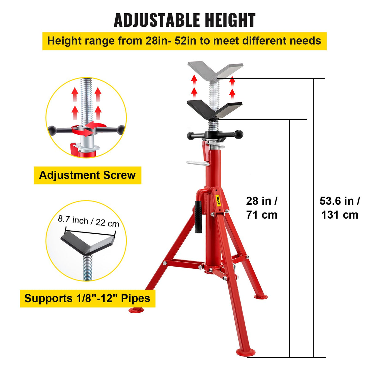 V-huvudrörställ 0,3-30,5 cm kapacitet, justerbar höjd 71,1-132,1 cm, rörhöjarställ 1133,9 kg lastkapacitet, bärbara hopfällbara rörställ, kolstålskropp mer hållbar