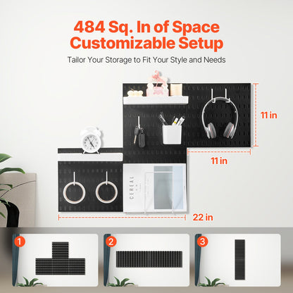 Pegboard Combination Kit, 11" x 11" Plastic Pegboard, 4 Panels, Peg Board Wall Organizer Kit with Accessories, for Garage Tool Storage Kitchen Living Room Craft Room Office Bathroom Home, Black
