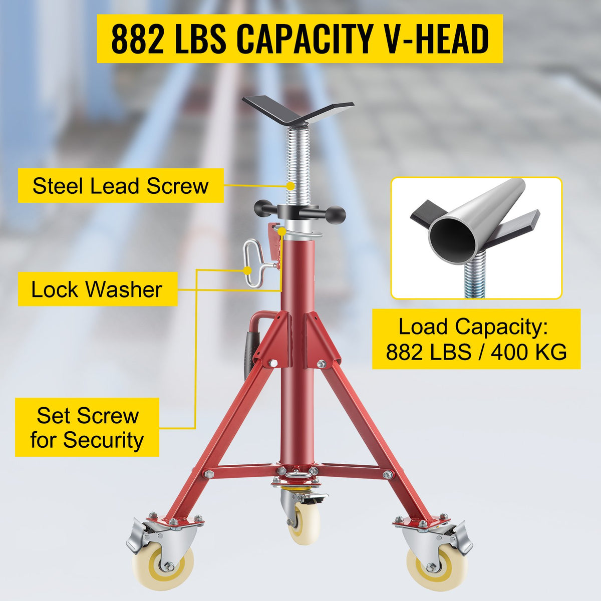 Rörställ, rördomkraftsstativ, V-formad rörställning, justerbar höjd 71,12–132,08 cm, rördomkraftsstativ med hjul 400,1 kg, hopfällbara, bärbara rörställ 0,3175 till 30,48 cm rörstöd, ståldomkraftsstativ