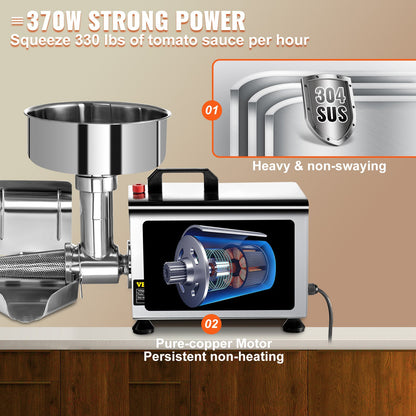 Elektrisk tomatsil 370W tomatfräsmaskin tomatsåsmaskin i rostfritt stål motor i ren koppar tomatsåsmaskin 90-160 kg per timme för matsil och såsmaskin