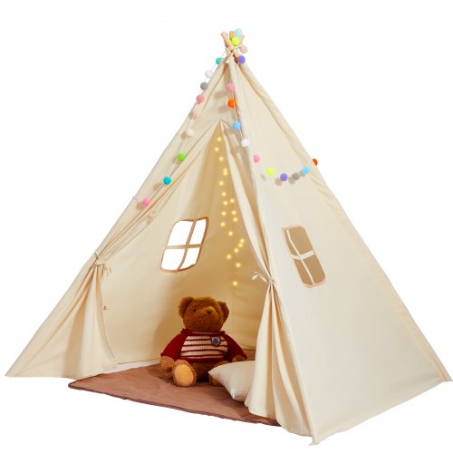 Barnlekstält, tipitält för barn 1-5 år, småbarnstält med matta och plyschbollar, tält för barn med fönster för inomhus- och utomhusbruk, för pojkar och flickor, beige