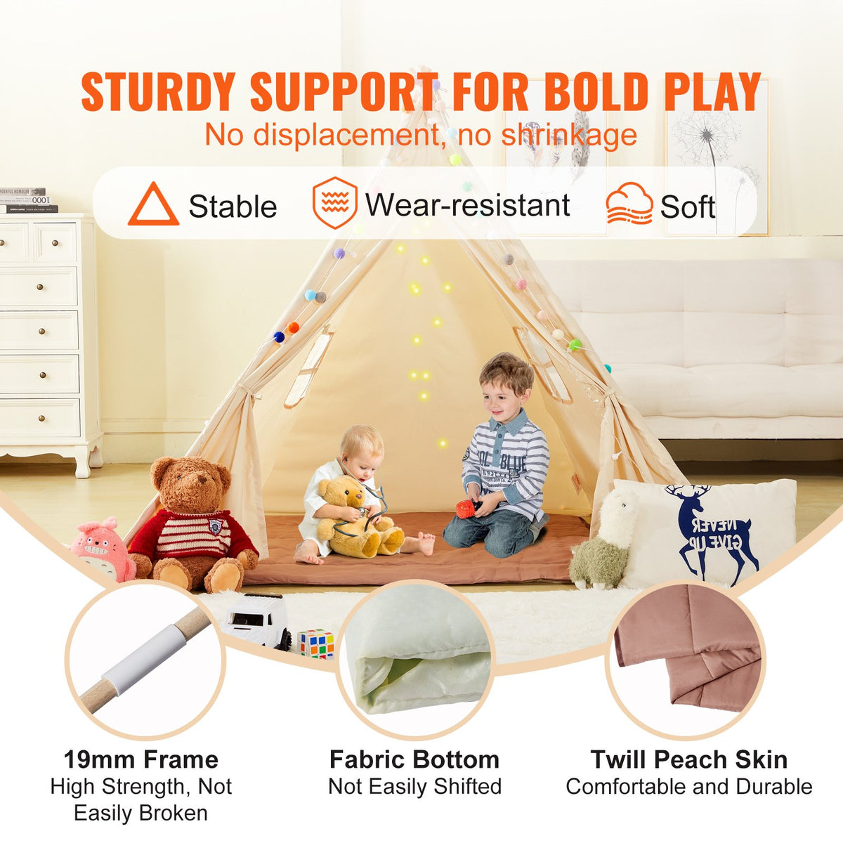 Barnlekstält, tipitält för barn 1-5 år, småbarnstält med matta och plyschbollar, tält för barn med fönster för inomhus- och utomhusbruk, för pojkar och flickor, beige