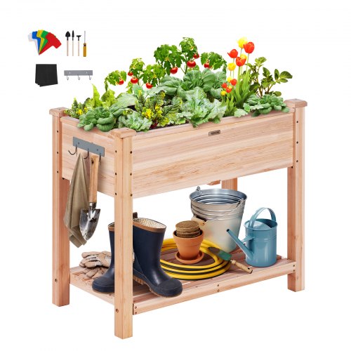 Upphöjd trädgårdsbädd, 89 x 43 x 76 cm träplanteringslåda, upphöjda utomhusplanteringslådor med ben, för odling av blommor/grönsaker/örter i trädgården/uteplatsen/balkongen, Burlywood
