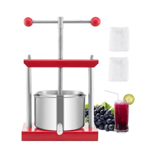 0,8 gal/3 l fruktvinpress, 2 fat i rostfritt stål, manuell juicepress, cider-äpple-druvtinktur-honung-olivoljepress med T-handtag för utekök