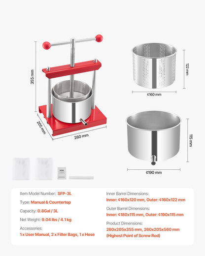 0,8 gal/3 l fruktvinpress, 2 fat i rostfritt stål, manuell juicepress, cider-äpple-druvtinktur-honung-olivoljepress med T-handtag för utekök