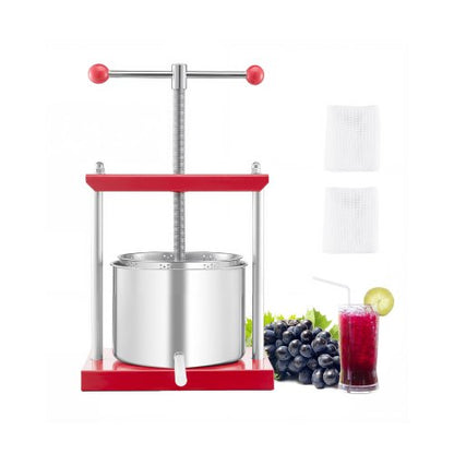 1,6 gal/6 l fruktvinpress, 2 fat i rostfritt stål, manuell juicemaskin, cider-äpple-druvtinktur-honung-olivoljepress med T-handtag för utekök