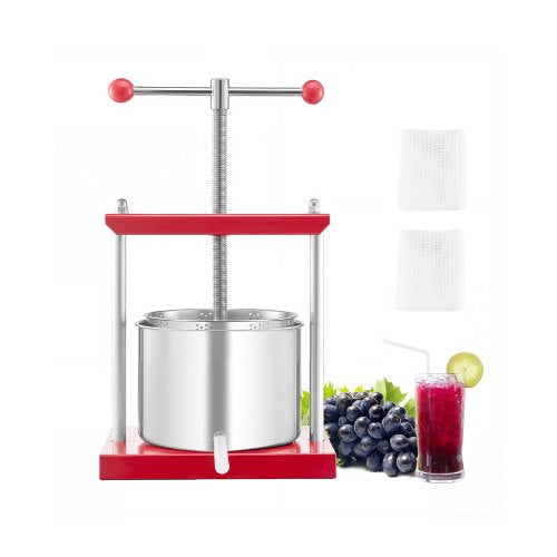1,6 gal/6 l fruktvinpress, 2 fat i rostfritt stål, manuell juicemaskin, cider-äpple-druvtinktur-honung-olivoljepress med T-handtag för utekök