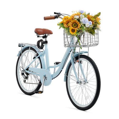 Cruisercykel, 7-växlad, 26-tums ljusblå strandcruisercykel med stor korg och bakre pakethållare, säker och robust cruisercykel med justerbar sadel, passar för cykling, träning och shopping