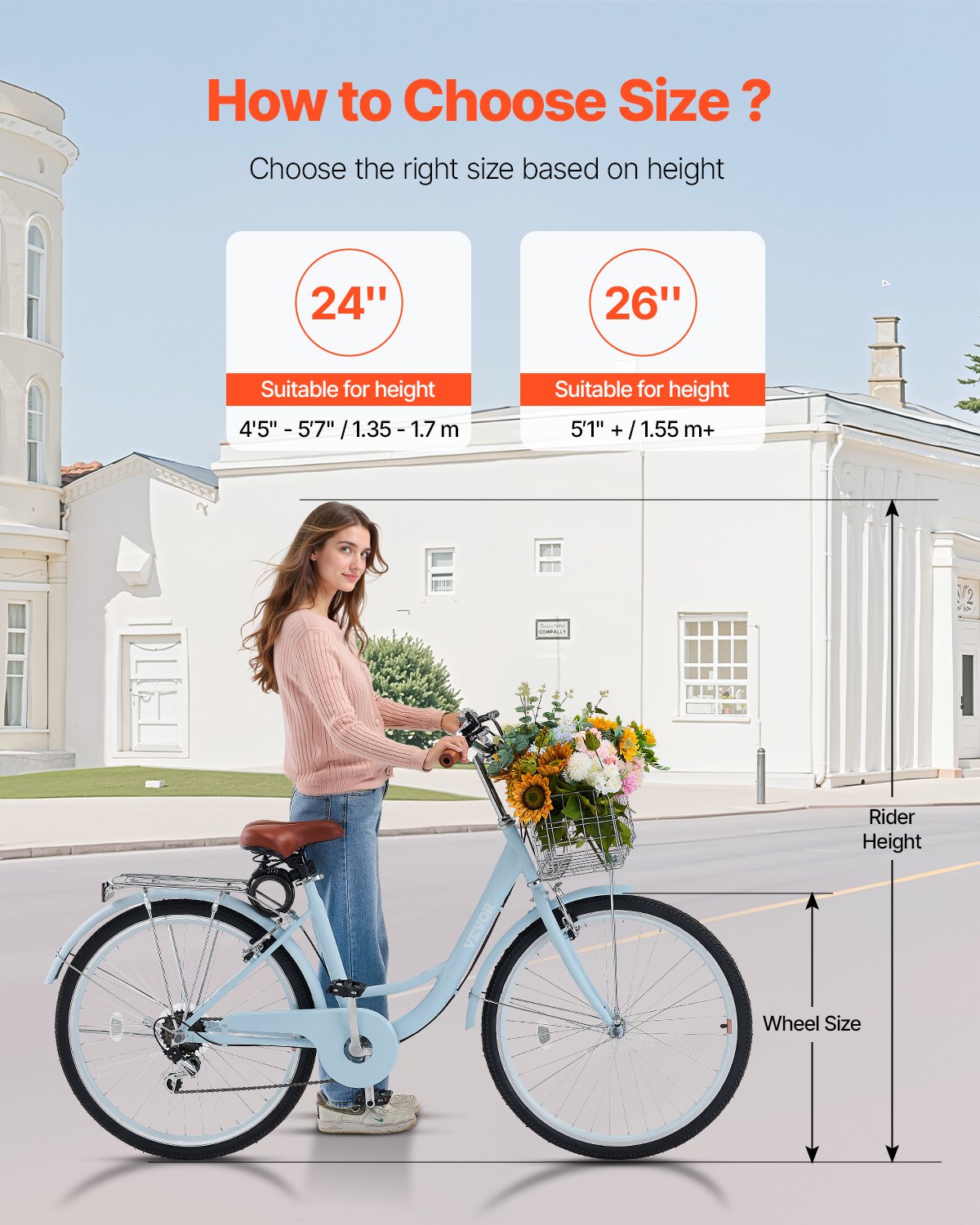 Cruisercykel, 7-växlad, 26-tums ljusblå strandcruisercykel med stor korg och bakre pakethållare, säker och robust cruisercykel med justerbar sadel, passar för cykling, träning och shopping