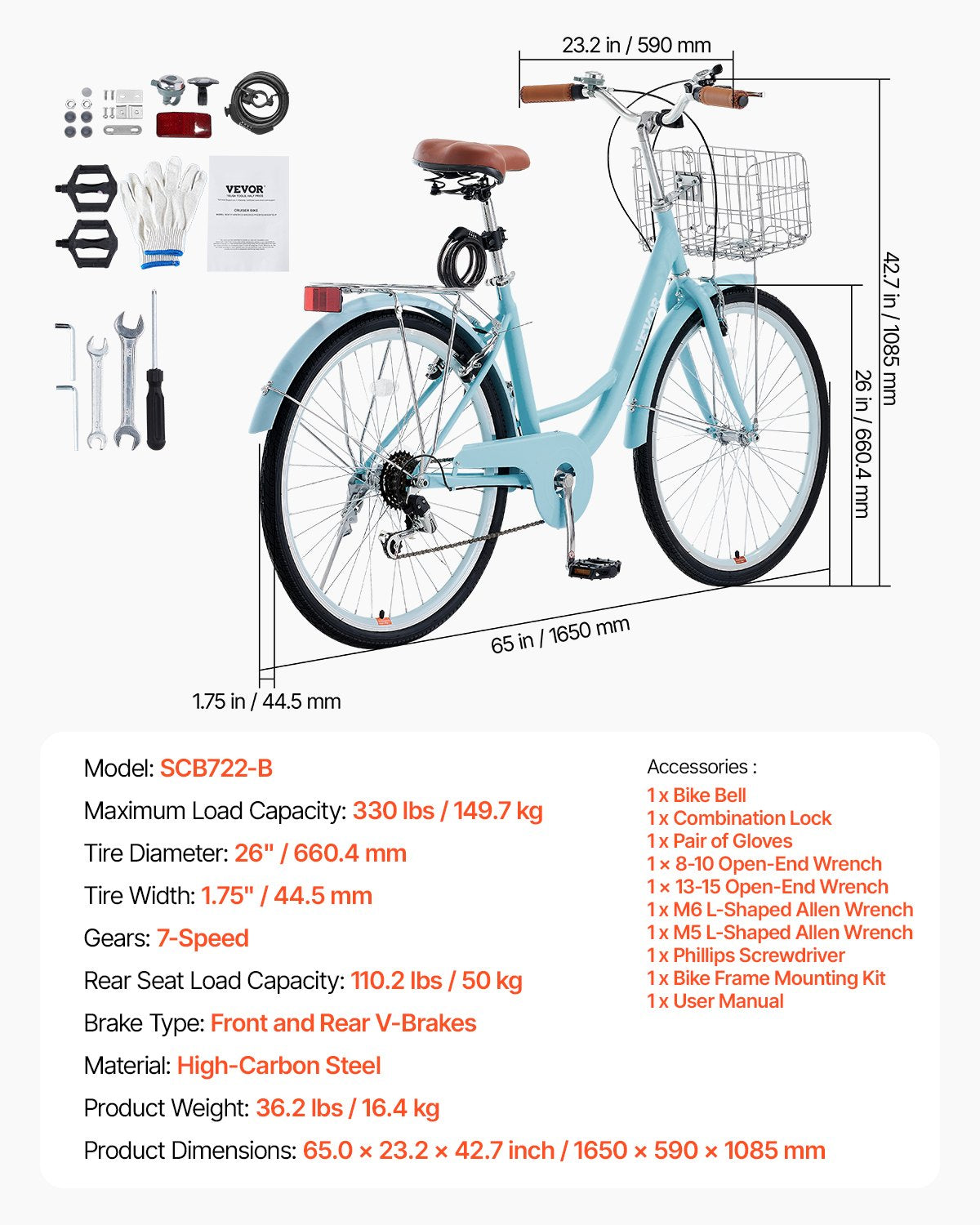 Cruisercykel, 7-växlad, 26-tums ljusblå strandcruisercykel med stor korg och bakre pakethållare, säker och robust cruisercykel med justerbar sadel, passar för cykling, träning och shopping