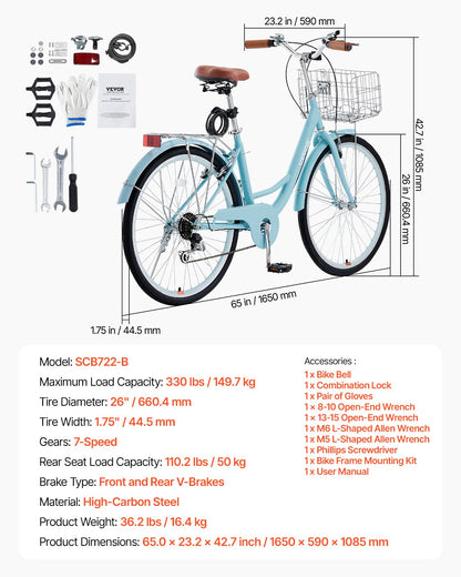 Cruisercykel, 7-växlad, 26-tums ljusblå strandcruisercykel med stor korg och bakre pakethållare, säker och robust cruisercykel med justerbar sadel, passar för cykling, träning och shopping