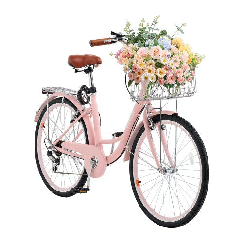 Cruisercykel, 7-växlad, 26-tums rosa strandcruisercykel med stor korg och bakre pakethållare, säker och robust cruisercykel med justerbar sadel, passar för cykling, träning och shopping
