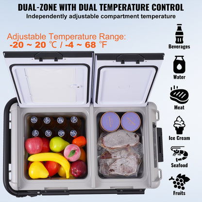 Bärbart bilkylskåp, 12 volts bilkylskåp, 50 l / 52,8 qt bärbar frys med dubbla zoner, -4℉-68℉ justerbar temperatur, kompressorkylare för hem, utomhus, camping, husbil, bil