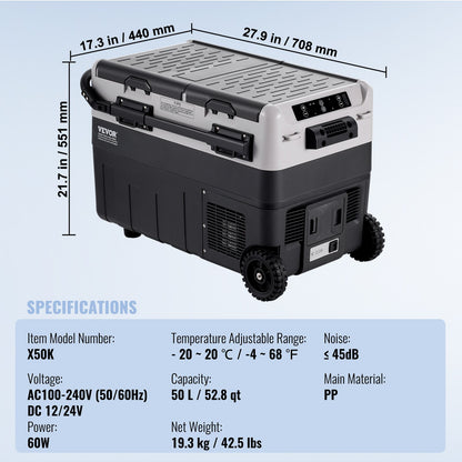 Bärbart bilkylskåp, 12 volts bilkylskåp, 50 l / 52,8 qt bärbar frys med dubbla zoner, -4℉-68℉ justerbar temperatur, kompressorkylare för hem, utomhus, camping, husbil, bil