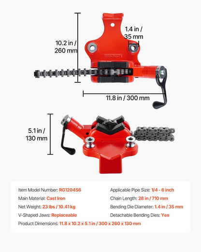 Kraftigt rörkedjeskruvstycke, 1/4" - 6" rörkapacitet, 28" robust kedja och gjutjärnsbas, rörklämning av industriell kvalitet för VVS, bilreparationer, metallbearbetning