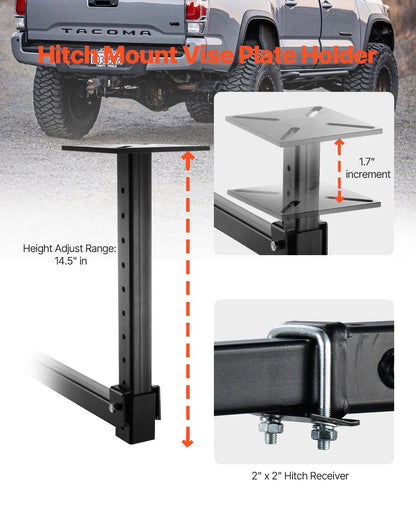Kraftigt rörkedjeskruvstycke, 1/8" - 5" rörkapacitet, 26" robust kedja och gjutjärnsbas, skruvstyckeshållare för dragkrokmontering med justerbar höjd - passar 2" x 2" mottagare