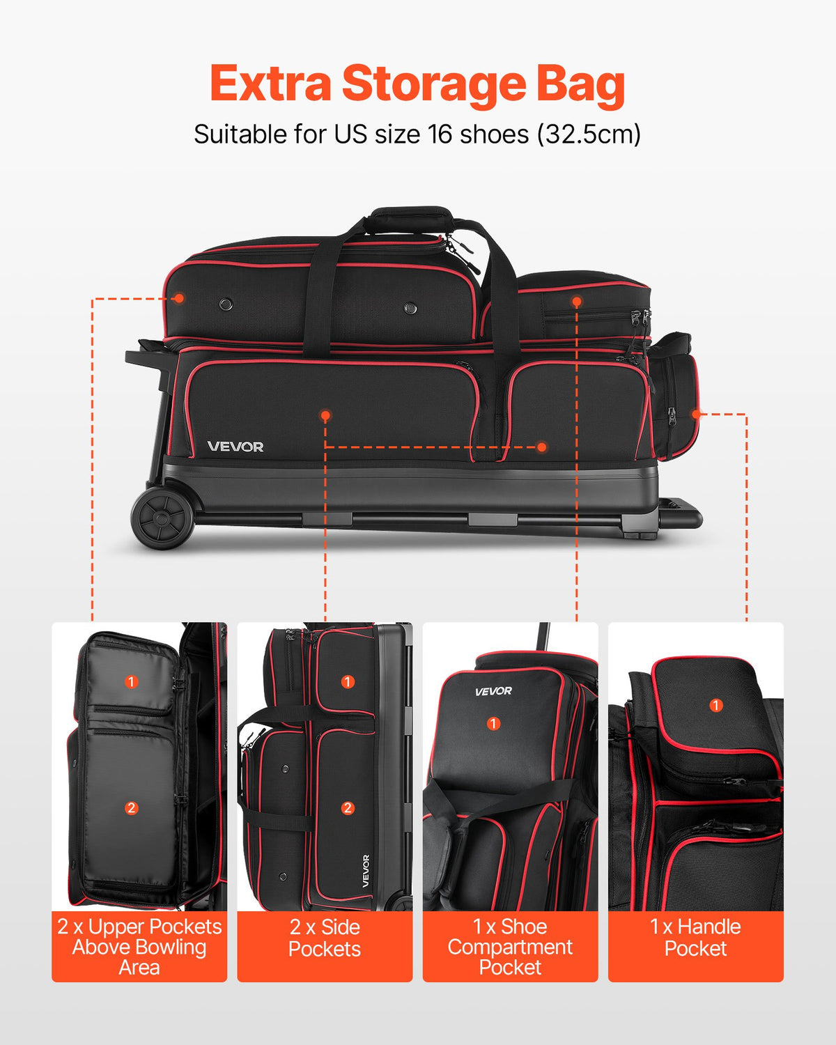 Bowling Ball Bag, 3 Ball Double Roller Bowling Bag with Wheels, Featuring a Separate Compartment for Shoes (Up To US Size 16) & Oversized Accessory Pocket, Retractable Handle Extends to 1050 mm