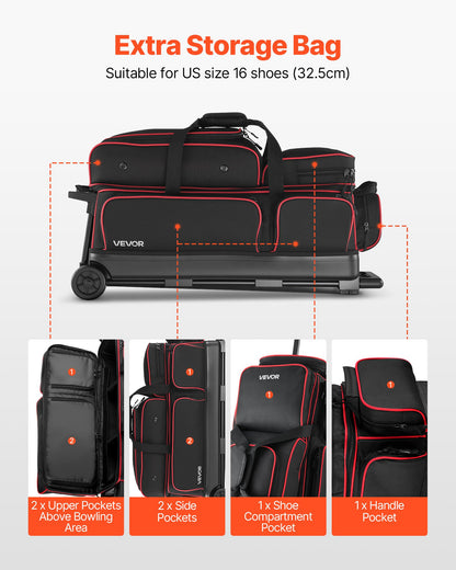 Bowling Ball Bag, 3 Ball Double Roller Bowling Bag with Wheels, Featuring a Separate Compartment for Shoes (Up To US Size 16) & Oversized Accessory Pocket, Retractable Handle Extends to 1050 mm
