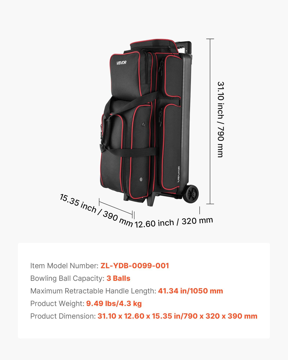 Bowling Ball Bag, 3 Ball Double Roller Bowling Bag with Wheels, Featuring a Separate Compartment for Shoes (Up To US Size 16) & Oversized Accessory Pocket, Retractable Handle Extends to 1050 mm