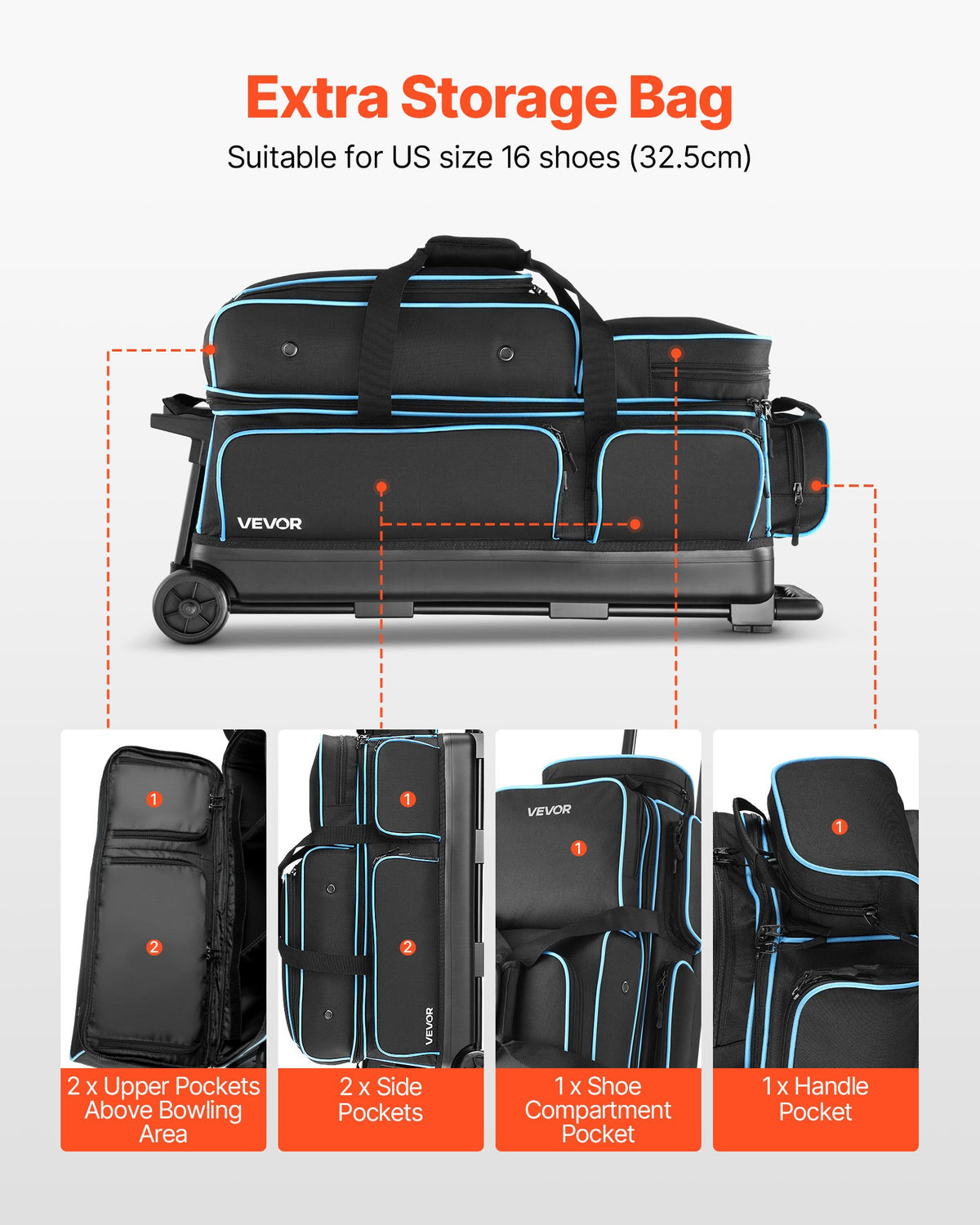 Bowling Ball Bag, 3 Ball Double Roller Bowling Bag with Wheels, Featuring a Separate Compartment for Shoes (Up To US Size 16) & Oversized Accessory Pocket, Retractable Handle Extends to 1050 mm