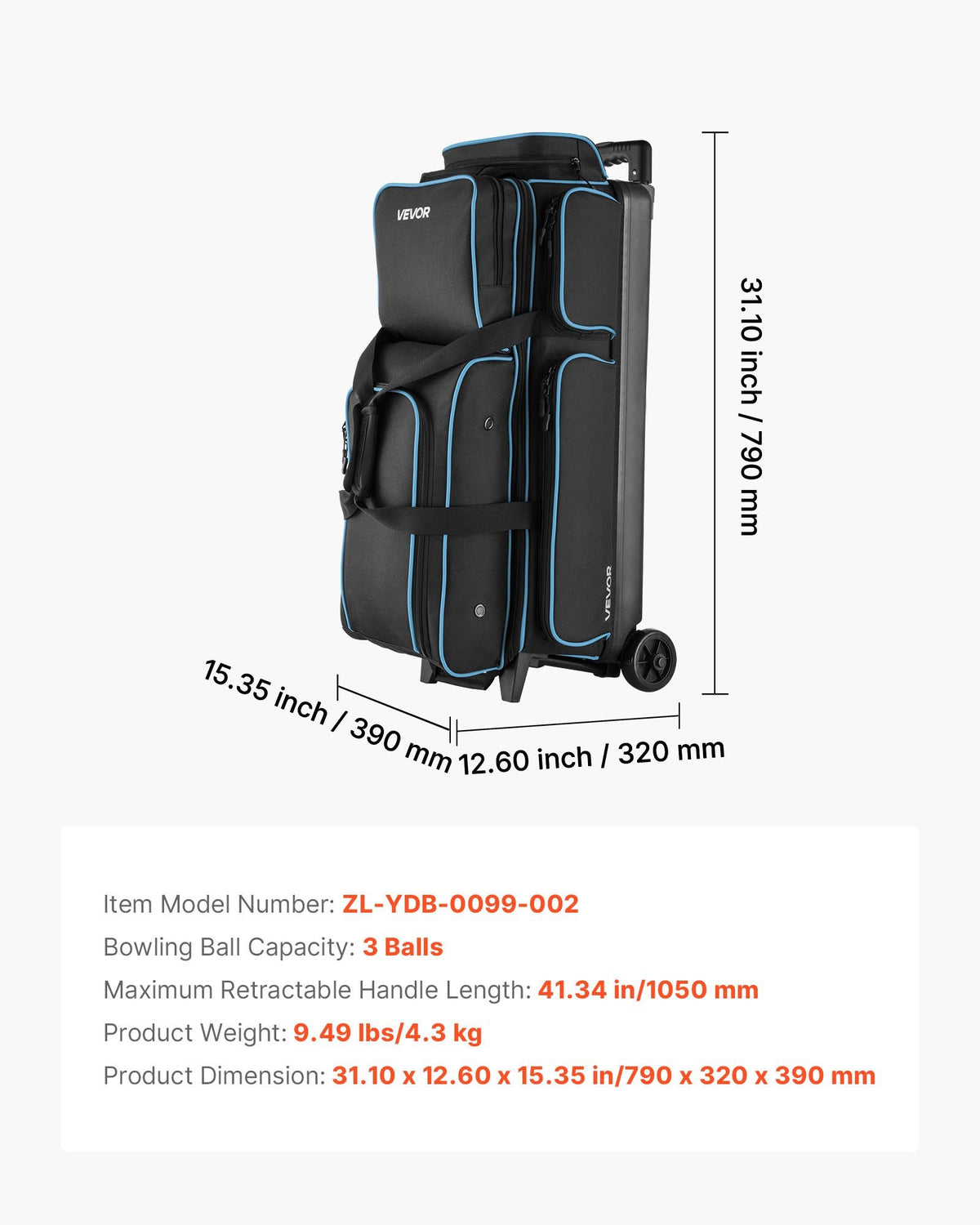 Bowling Ball Bag, 3 Ball Double Roller Bowling Bag with Wheels, Featuring a Separate Compartment for Shoes (Up To US Size 16) & Oversized Accessory Pocket, Retractable Handle Extends to 1050 mm