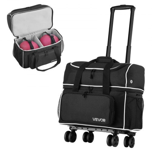 Bowling Ball Bag, 2 Ball Four Roller Bowling Bag with Wheels, Featuring a Separate Compartment for Shoes (Up To US Size 16) & Oversized Accessory Pocket, Retractable Handle Extends to 950 mm