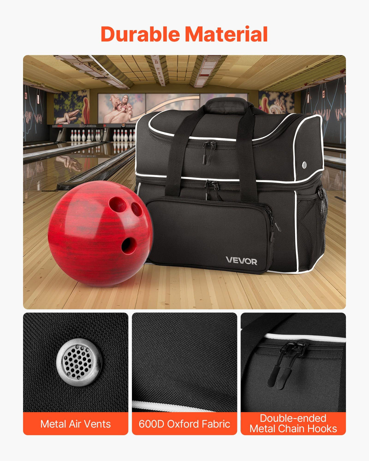 Bowling Ball Bag, 2 Ball Four Roller Bowling Bag with Wheels, Featuring a Separate Compartment for Shoes (Up To US Size 16) & Oversized Accessory Pocket, Retractable Handle Extends to 950 mm